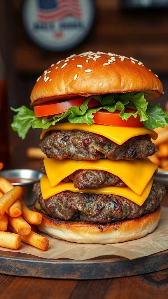 A delicious cheeseburger with beef patty, cheddar cheese, lettuce, tomato, and pickles on a wooden table with fries.